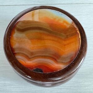 Wood w Agate Inlay Lid Trinket Jewelry Box Round Vintage Retro 70’s Earthy